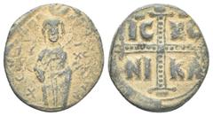 Byzantine Byzantine Follis. 1034-1041 d.C. Constantinople. . Anv.: Christ Antiphonetes standing facing, holding Gospels and raising hand in benediction; IC-XC across fields. Rev.: Jewelled cross with 