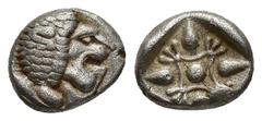 GREEK Ionia, Miletos AR Diobol. Ionia, Miletos AR Diobol. late 6th-early 5th C. BC. 1.1g 7.8mm Forepart of lion l., head turned back / Stellate design within square incuse.
