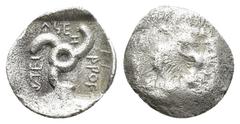 GREEK DYNASTS of LYCIA. Aruwatijesi. Circa 400-370 BC. AR Twelfth Stater (11.8mm, 0.4g). Zagaba mint. Facing lion scalp / Triskeles; Z (mint mark) in one section; all within incuse square.