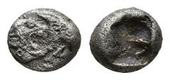 GREEK Kings of Lydia, Kroisos AR 1/12 Stater. Kings of Lydia, Kroisos AR 1/12 Stater. Sardis, 550-546. (7.8mm, 1g ) Confronted foreparts of a lion, on the l., and a bull, on the r. / Incuse square.