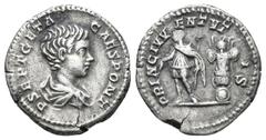 ROMAN IMPERIAL GETA, AS CAESAR. (198-209 AD.) AR, Denarius. (17.9mm, 3.5 g) Rome. Obv: P SEPT GETA CAES PONT. Bust of Geta; draped, bare-headed, right. Rev: PRINC IVVENTVTIS. Geta, in military attire,