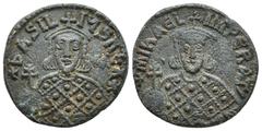 BYZANTINE MICHAEL III, 'the Drunkard', with BASIL I. 842-867 AD. Æ Follis (24.4mm, 6.8g). Constantinople mint. Struck 866-867 AD. +bASIL IUS REX*, similar bust of Basil I./ +MIhAEL IMPERAT', facing bu