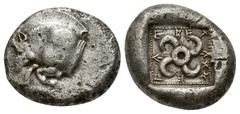 GREEK DYNASTS of LYCIA. Teththiweibi. Circa 450-430/20 BC. AR Stater (18mm, 8.6 g). Forepart of a boar left / Tetraskeles within pelleted square border within square incuse.