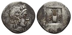 GREEK Lycia. Kragos. Lycian League circa 48-42 BC. Hemidrachm AR (15.8mm, 1,7 g). Λ - Y, laureate head of Apollo right / K - P, lyre within incuse square.