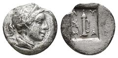 GREEK Lycia. Lycian League. Masikytes 48-27 BC. 1/4 Drachm AR (12mm, 0.9 g). Draped bust of Artemis left, bow and quiver over shoulder / Λ - Y / M - A, quiver within; branch to left; all within incuse