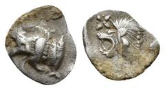 GREEK Kyzikos Hemiobol, boar / lion Kyzikos, Mysia. AR Hemiobol (9.6mm, 0.3 g), c. 500-490. Obv. Forepart of boar left, behind, tunny fish. Rv. Lion's head left, above, star; all within square incuse.