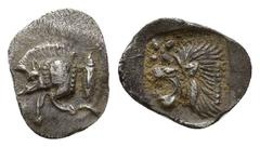GREEK Kyzikos Hemiobol, boar / lion Kyzikos, Mysia. AR Hemiobol (10mm, 0.3 g), c. 500-490. Obv. Forepart of boar left, behind, tunny fish. Rv. Lion's head left, above, star; all within square incuse.