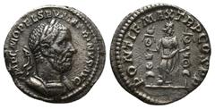 ROMAN IMPERIAL Macrinus, 217 - 218 AD Silver Denarius, Rome Mint, (18mm, 2.3 g) Obverse: IMP C M OPEL SEV MACRINVS AVG, Laureate and cuirassed bust of Macrinus right. Reverse: PONTIF MAX TR P COS P P,