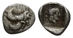 GREEK Dynasts of Lycia. Uncertain mint. circa 470-440 BC. Obol AR (9mm, 0,8 g). Forepart of winged man-headed bull right / OFOV, male head right within dotted border, all within incuse square.