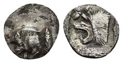 GREEK Mysia. Kyzikos Hemiobol, boar / lion Kyzikos, Mysia. AR Hemiobol (9.3mm, 0.3 g), c. 500-490. Obv. Forepart of boar left, behind, tunny fish. Rv. Lion's head left, above, star; all within square 