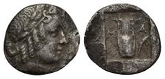 GREEK LYCIA, Lycian League, Masikytes (Circa 42 BC) AR Hemidrachm (14mm, 1.3 g) Obv: Laureate head of Apollo right. Rev: M-A, lyre, filleted branch to right, all within incuse square