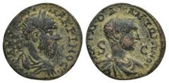 ROMAN PROVINCIAL Seleucis and Pieria. Antioch. Macrinus, with Diadumenian as Caesar AD 217-218. As Æ (19mm, 4,7 g). AV • K • M • O • • MAKPINOC, laureate, draped and cuirassed bust of Macrinus right /