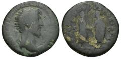 ROMAN IMPERIAL Marcus Aurelius. Æ Dupondius (25mm, 11.4 g), AD 161-180. Rome, AD 161. IMP CAES M AVREL ANTONINVS AVG P M, radiate bust of Marcus Aurelius right, slght drapery on shoulders. Reverse: CO