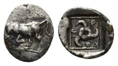 GREEK Dynasts of Lycia. Uncertain mint. Kuprilli or Kubernis 470-440 BC. Hemiobol AR (9mm, 0.5 g). Bull butting to left / KO-Π-P, triskeles; all within incuse square.