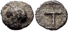 Greek Arkadia, Tegea, AR Tetartemorion. (Silver,0.19 g 5 mm), Circa 423-400 BC. Arkadia, Tegea, AR Tetartemorion. (Silver,0.19 g 5 mm), Circa 423-400 BC. Obv: Helmeted head of Athena left. Rev: Large 