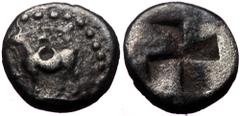 Greek Thrace, Byzantion, AR Diobol, (Silver, 1.03 g 10 mm), Circa 416-357 BC. Thrace, Byzantion, AR Diobol, (Silver, 1.03 g 10 mm), Circa 416-357 BC. Obv: Bull standing left, dolphin below. Rev: 'ΠΥ, 