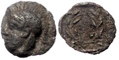 Greek Aeolis, Elaia, AR Hemiobol, (Silver, 0.35 g 8 mm), Circa 450-400 BC. Aeolis, Elaia, AR Hemiobol, (Silver, 0.35 g 8 mm), Circa 450-400 BC. Obv: Helmeted head of Athena left. Rev: Wreath. Ref: SNG
