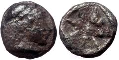 Greek Ionia, Uncertain, AR Hemiobol, (Silver, 0.42 g 8 mm). 5th century BC. Ionia, Uncertain, AR Hemiobol, (Silver, 0.42 g 8 mm). 5th century BC. Obv: Head of Athena (?) to right, wearing Corinthian h