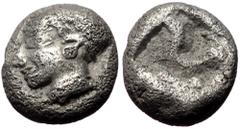 Greek Ionia, Phokaia, AR Diobol, (Silver, 1.14 g 9 mm),Circa 521-478 BC. Ionia, Phokaia, AR Diobol, (Silver, 1.14 g 9 mm),Circa 521-478 BC. Obv: Archaic female head left, wearing earring and helmet or