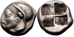 Greek Ionia, Phokaia, AR Diobol, (Silver,1.29 g 9 mm), Circa 521-478 BC. Ionia, Phokaia, AR Diobol, (Silver,1.29 g 9 mm), Circa 521-478 BC. Obv: Archaic female head left, wearing earring and helmet or