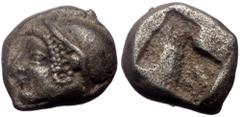 Greek Ionia, Phokaia, AR Diobol,(Silver,1.26 g 9 mm), Circa 521-478 BC. Ionia, Phokaia, AR Diobol,(Silver,1.26 g 9 mm), Circa 521-478 BC. Obv: Archaic female head left, wearing earring and helmet or c
