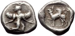 Greek Caria, Kaunos, AR Hemidrachm, (2.85 g 11 mm), Circa 490-470 BC. Caria, Kaunos, AR Hemidrachm, (2.85 g 11 mm), Circa 490-470 BC. Obv: Winged female figure in kneeling-running stance right, head l
