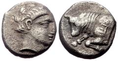 Greek Caria, Mylasa, Hekatomnos, AR Diobol, (Silver, 1.22 g 9 mm), 392-376 BC. Caria, Mylasa, Hekatomnos, AR Diobol, (Silver, 1.22 g 9 mm), 392-376 BC. Obv: Laureate head of Apollo right. Rev: Forepar
