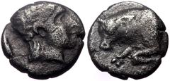 Greek Caria, Mylasa, Hekatomnos, AR Diobol, (Silver, 1.10 g 10 mm), 392-376 BC. Caria, Mylasa, Hekatomnos, AR Diobol, (Silver, 1.10 g 10 mm), 392-376 BC. Obv: Laureate head of Apollo right. Rev: Forep