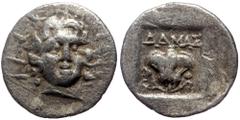 Greek Caria, Rhodes, AR Hemidrachm, (Silver, 0.99 g 12 mm), Circa 125-88 BC. Damas, magistrate. Caria, Rhodes, AR Hemidrachm, (Silver, 0.99 g 12 mm), Circa 125-88 BC. Damas, magistrate. Obv: Radiate h