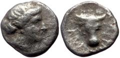 Greek Caria, Knidos, AR Diobol, (Silver, 1.14 g 10 mm), Circa 300-190 BC. Caria, Knidos, AR Diobol, (Silver, 1.14 g 10 mm), Circa 300-190 BC. Obv: Head of Aphrodite right. Rev: Head of bull facing sli