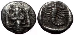 Greek Caria, Mylasa, AR Hemiobol, (Silver, 0.34 g 7 mm),Circa 450-400 BC. Caria, Mylasa, AR Hemiobol, (Silver, 0.34 g 7 mm),Circa 450-400 BC. Obv: Forepart of lion facing. Rev: Scorpion within incuse 