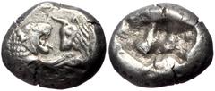 Greek Kings of Lydia, Kroisos, AR Half Stater, (Silver, 5.36 g 14 mm), Circa 564/53-550/39 BC. Sardes. Kings of Lydia, Kroisos, AR Half Stater, (Silver, 5.36 g 14 mm), Circa 564/53-550/39 BC. Sardes. 