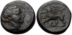 Greek Lydia, Sardes, AE, (Bronze, 6.23 g 17 mm), 2nd-1st centuries BC. Lydia, Sardes, AE, (Bronze, 6.23 g 17 mm), 2nd-1st centuries BC. Obv: Head of Dionysos, right; wearing ivy wreath. Rev: ΣΑΡΔΙΑΝΩΝ