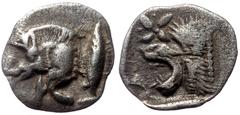 Greek Mysia, Kyzikos, AR Hemiobol, (Silver,0.37 g 9 mm), Circa 450-400 BC. Mysia, Kyzikos, AR Hemiobol, (Silver,0.37 g 9 mm), Circa 450-400 BC. Obv: Forepart of boar left; to right, tunny upward. Rev: