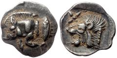 Greek Mysia, Kyzikos, AR Hemiobol, (Silver,0.31 g 6 mm), Circa 450-400 BC. Mysia, Kyzikos, AR Hemiobol, (Silver,0.31 g 6 mm), Circa 450-400 BC. Obv: Forepart of boar left; to right, tunny upward. Rev: