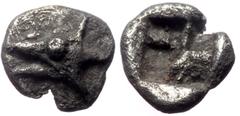 Greek Mysia, Kyzikos, AR Tetartemorion,(Silver, 0.13 g 4 mm), Circa 600-550 BC. Mysia, Kyzikos, AR Tetartemorion,(Silver, 0.13 g 4 mm), Circa 600-550 BC. Obv: Tunny head left. Rev: Quadripartite incus