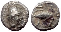 Greek Mysia, Kyzikos, AR Tetartemorion (Silver, 0.20 g 6 mm), Circa 450-400 BC. Mysia, Kyzikos, AR Tetartemorion (Silver, 0.20 g 6 mm), Circa 450-400 BC. Obv: Head of Hermes to right, wearing winged p