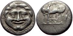 Greek Mysia, Parion, AR Hemidrachm, (Silver, 2.11 g 13 mm), 4th century BC. Mysia, Parion, AR Hemidrachm, (Silver, 2.11 g 13 mm), 4th century BC. Obv: Gorgoneion. Rev: Π[Α] / ΡΙ, Cow standing left, he