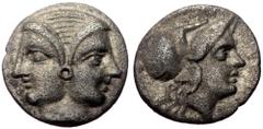 Greek Mysia, Lampsakos, AR Diobol, (Silver, 1.12 g 11 mm), 4th-3rd centuries BC. Mysia, Lampsakos, AR Diobol, (Silver, 1.12 g 11 mm), 4th-3rd centuries BC. Obv: Janiform female head. Rev: [ΛΑΜΨ], Helm