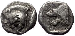 Greek Mysia, Kyzikos, AR Hemiobol, (Silver, 0.55 g 7 mm), Circa 450-400 BC. Mysia, Kyzikos, AR Hemiobol, (Silver, 0.55 g 7 mm), Circa 450-400 BC. Obv: Forepart of boar left; to right, tunny upward. Re