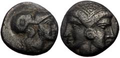 Greek Mysia, Lampsakos, AR Diobol, (Silver, 0.98 g 10 mm), 4th century BC. Mysia, Lampsakos, AR Diobol, (Silver, 0.98 g 10 mm), 4th century BC. Obv: Janiform female head. Rev: Helmeted head of Athena 