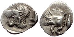 Greek Mysia, Kyzikos, AR Hemiobol, (Silver, 0.39 g 9 mm), Circa 450-400 BC. Mysia, Kyzikos, AR Hemiobol, (Silver, 0.39 g 9 mm), Circa 450-400 BC. Obv: Forepart of boar left; to right, tunny upward. Re