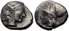 Greek Mysia, Lampsakos, AR Diobol, (Silver,1.19 g 10 mm), Circa 500-450 BC. Mysia, Lampsakos, AR Diobol, (Silver,1.19 g 10 mm), Circa 500-450 BC. Obv: Janiform female head. Rev: Helmeted head of Athen