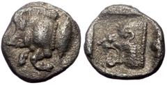 Greek Mysia, Kyzikos, AR Hemiobol, (Silver,0.53 g 8 mm), Circa 450-400 BC. Mysia, Kyzikos, AR Hemiobol, (Silver,0.53 g 8 mm), Circa 450-400 BC. Obv: Forepart of boar left; to right, tunny upward. Rev:
