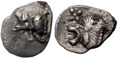 Greek Mysia, Kyzikos, AR Hemiobol, (Silver, 0.31 g 9 mm), Circa 450-400 BC. Mysia, Kyzikos, AR Hemiobol, (Silver, 0.31 g 9 mm), Circa 450-400 BC. Obv: Forepart of boar left; to right, tunny upward. Re