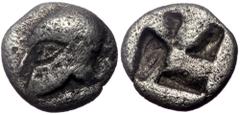 Greek Asia Minor, Uncertain mint, AR Hemiobol, (Silver, 0.55 g 7 mm), Circa 600-550 BC. Asia Minor, Uncertain mint, AR Hemiobol, (Silver, 0.55 g 7 mm), Circa 600-550 BC. Obv: Helmet to left Rev: Quadr