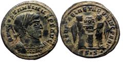 Roman Imperial Constantine I (307-337). AE, Follis. (Bronze, 2.32 g. 21 mm.) Siscia. Constantine I (307-337). AE, Follis. (Bronze, 2.32 g. 21 mm.) Siscia. Obv: IMP CONSTANTINVS P F AVG. Laureate, helm