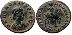 Roman Imperial Honorius (393-423). AE, Nummus. (Bronze, 1.75 g. 15 mm.) Cyzicus. Honorius (393-423). AE, Nummus. (Bronze, 1.75 g. 15 mm.) Cyzicus. Obv: D N HONORIVS P F AVG. Bust of Honorius, pearl-di