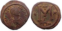 Byzantine Anastasius I. AE, Follis. (Bronze, 16.70 g, 36 mm) Constantinople. 491-518 AD. Anastasius I. AE, Follis. (Bronze, 16.70 g, 36 mm) Constantinople. 491-518 AD. Obv: DN ANASTASIVS P P AVG, pear