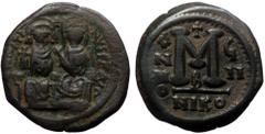 Byzantine Justin II and Sophia, AE, Follis. (Bronze, 13.19g, 27mm) Constantinople. 565-578 AD. Justin II and Sophia, AE, Follis. (Bronze, 13.19g, 27mm) Constantinople. 565-578 AD. Obv: [DN IVS]TINVS P